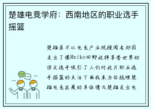 楚雄电竞学府：西南地区的职业选手摇篮
